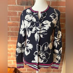 Lands' End Cardigan Sweater Navy Floral Button Up Women Size XS Supima Cotton